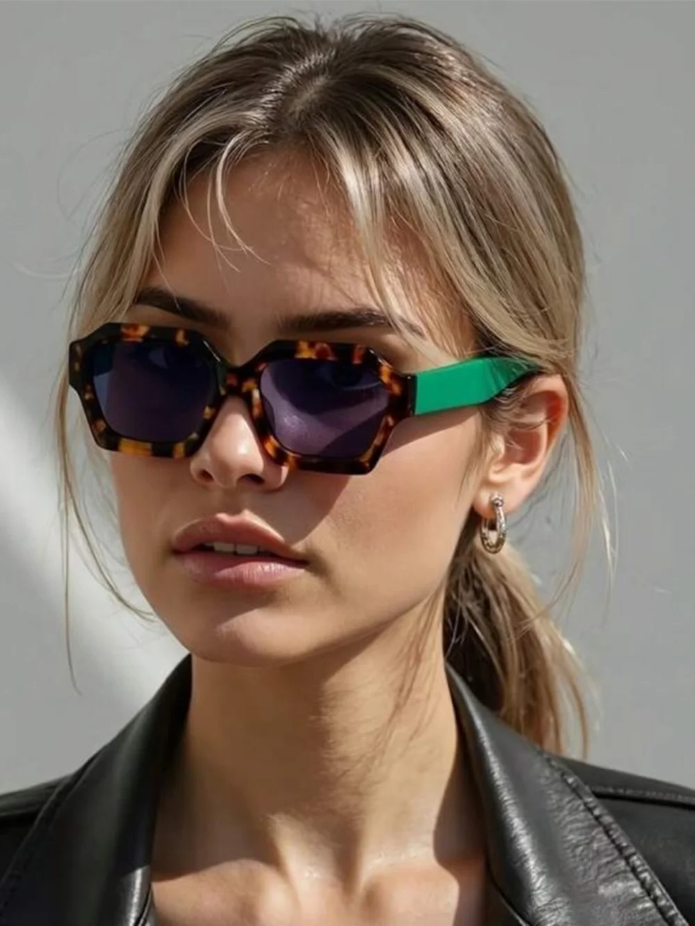 Free People Retro Square Tortoiseshell Sunglasses with Green Arms - Picture 2 of 14